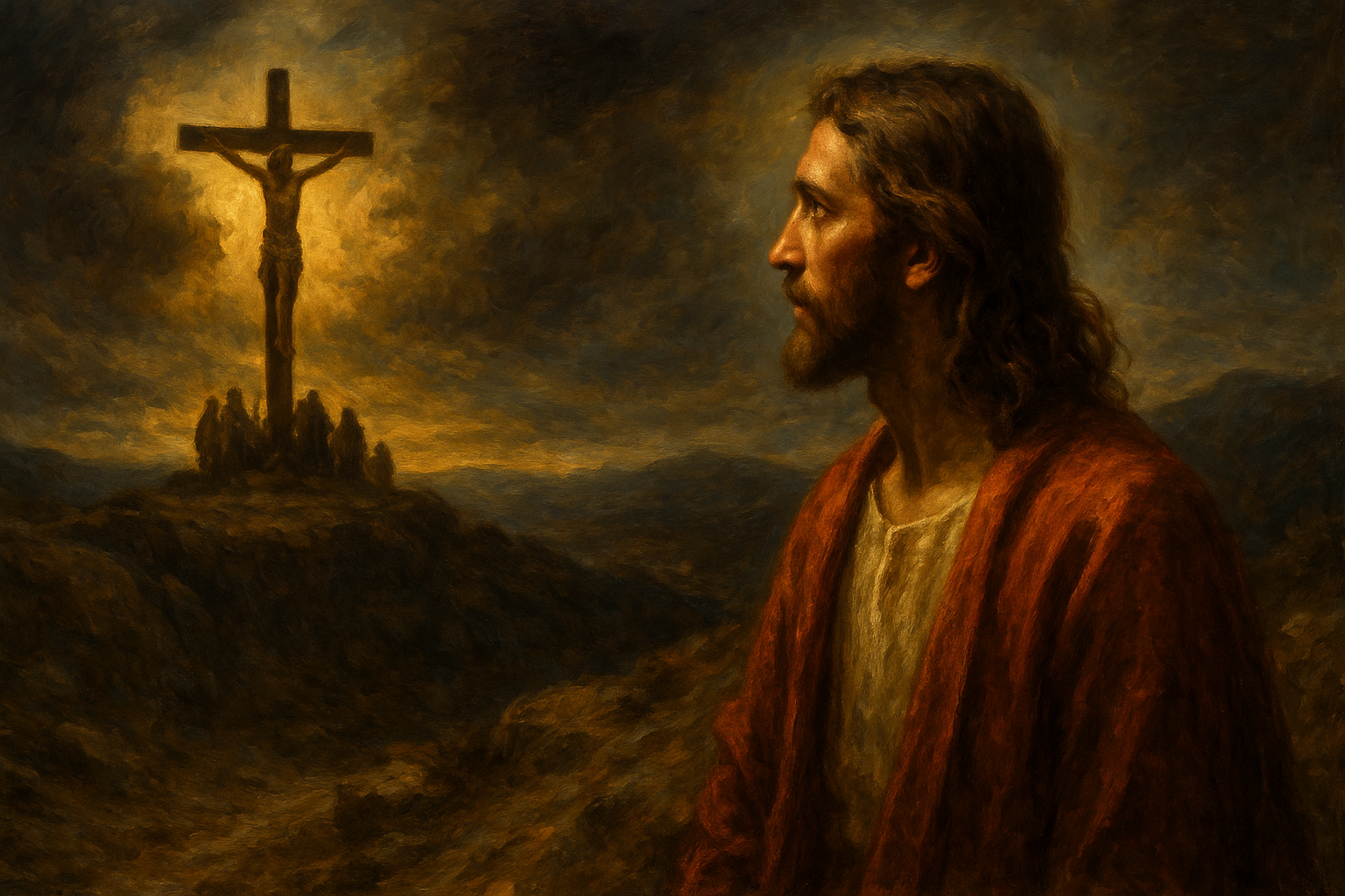 Jesus watching someone who looks like him on the cross